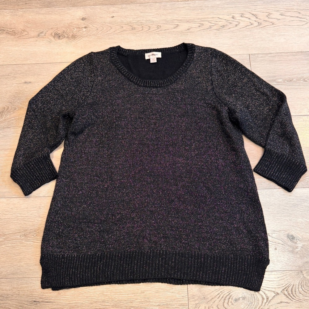 Avenue Womens Metallic Knit Sweater Plus Size 14/16 Top Sparkle Thread Black
